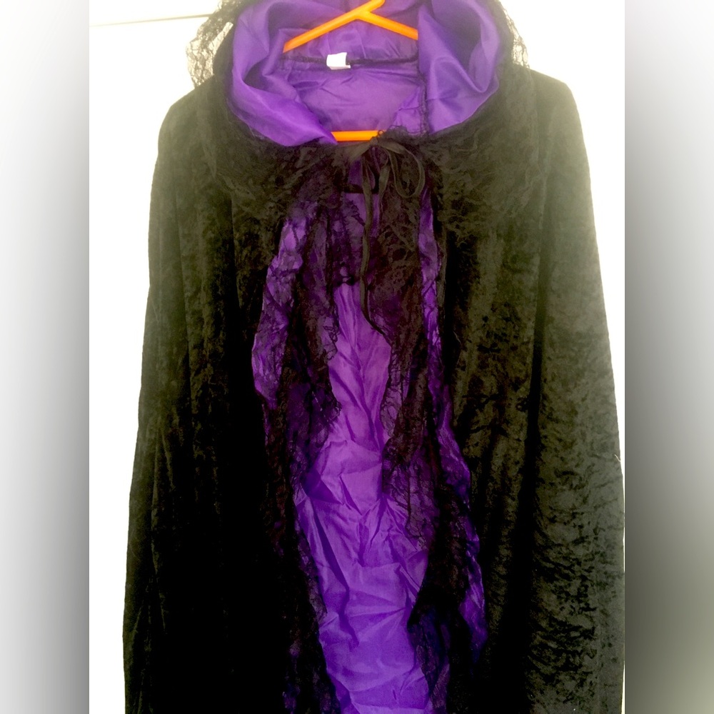 Hooded Lace Cape Black & Purple Halloween Costume UNISEX